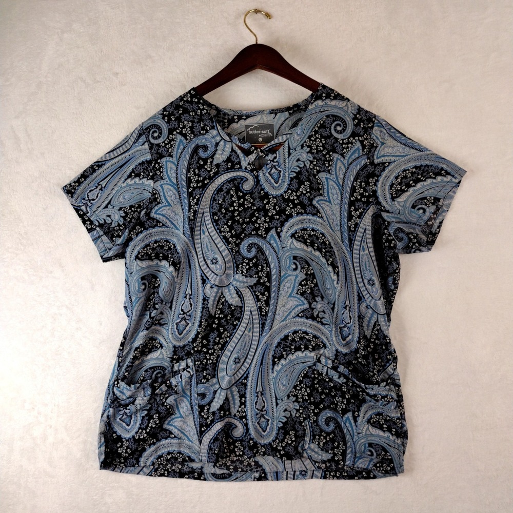 Butter-Soft Stretch Scrub Top Large Blue Black Paisley V-Neck Medical TS756